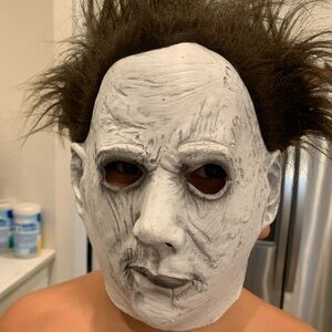 Michael Myers White Halloween Mask with Brown Hair